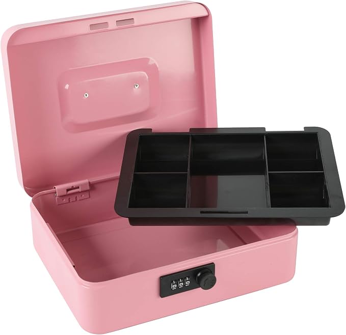 xydled Steel Cash Box Safe with Combination Lock,Money Safe Box with Removable Coin Tray,Large,9.84"x 7.87"x 3.54",Pink