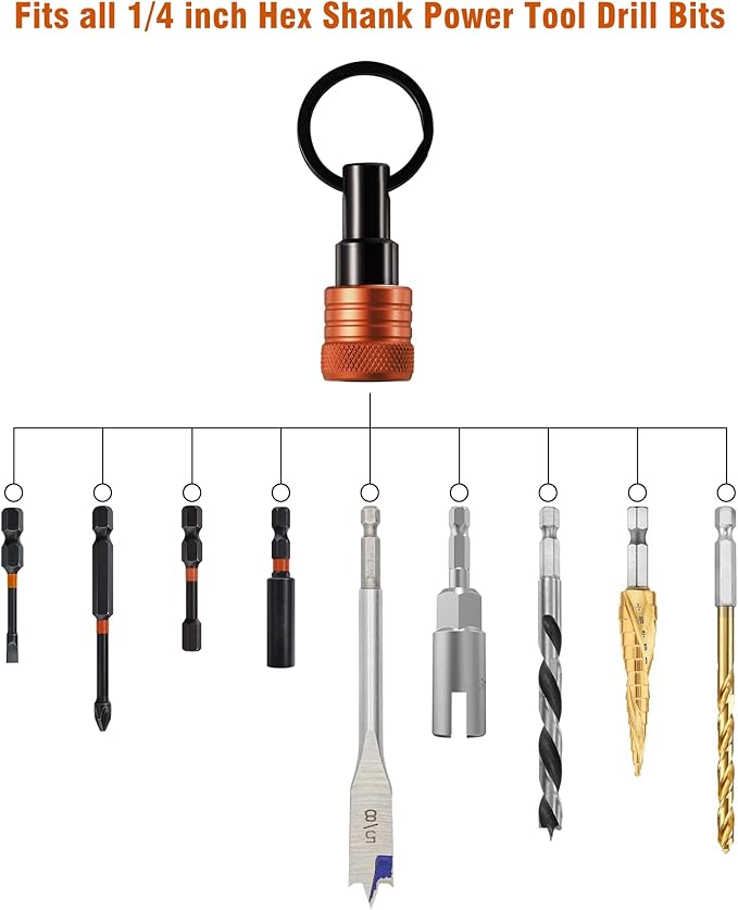Bit Holder Keychain 12 Pcs, 1/4-Inch Hex Shank, Quick Release, Orange | Aluminum Alloy, Impact Drivers, Drill Bits, Tool Belt Use, Carabiner Clip, One-Handed Operation, Ball Lock, Compact Organizer