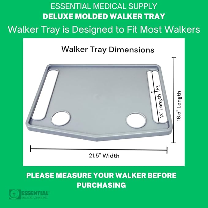 Essential Medical Supply Molded Walker Tray with 2 Cup Holders - Perfect for Mobility and Transport, Fits Most Walkers and Provides Convenient Tray for Almost Any Folding Walker