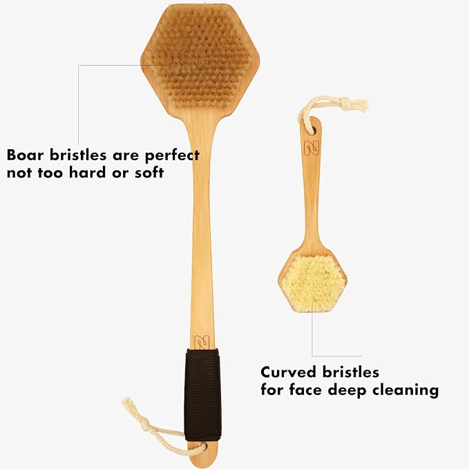 NORTHSONG Body Brush+Face Brush,Deep Cleaning Exfoliating Set,Gift Ready | Body brush,Large Head Bath Brush,17.72"Extra-Long,Curved Bamboo Handle,100% Boar Bristles,ideal for Elderly,Shoulder Pain