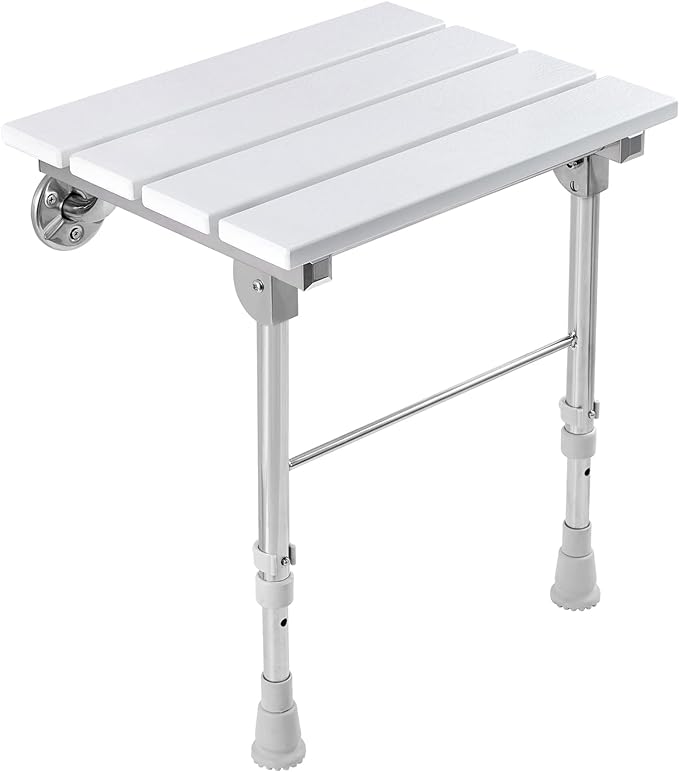 Folding Shower Seat Wall Mounted with Legs, Shower Seat Benches Stool Chair for Inside Shower, Fold Down Shower Seat for Seniors Small Shower Space, Foldable Fold up Waterproof Wood Height Adjustable