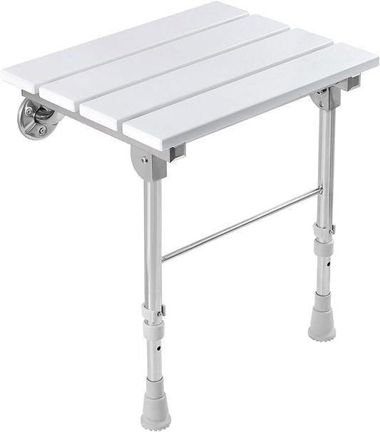Folding Shower Seat Wall Mounted with Legs, Shower Seat Benches Stool Chair for Inside Shower, Fold Down Shower Seat for Seniors Small Shower Space, Foldable Fold up Waterproof Wood Height Adjustable