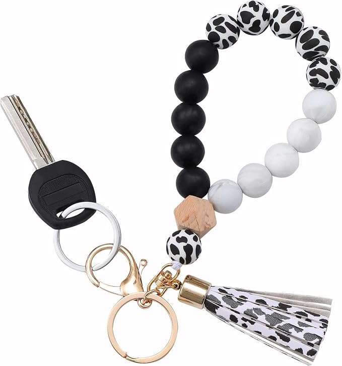 BAOSIWA Silicone Key Ring Bracelet Wristlet Keychain Unique Beaded Bangle Key Chains for Women with Leather Tassel