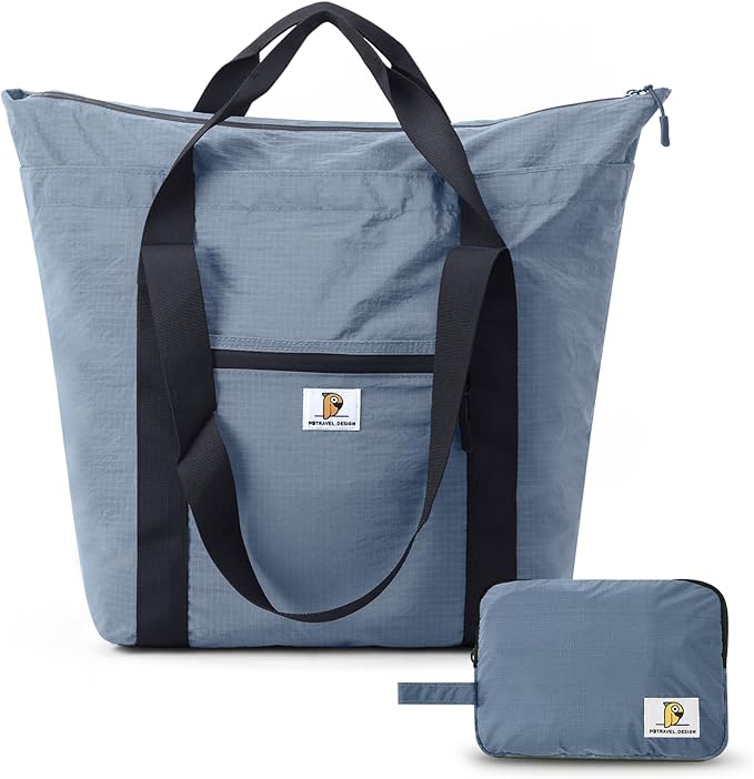 Foldable Travel Bag, 26L Lightweight Weekender Duffel, Expandable Second Carry-On Bag for Travel & Shopping, Water-Resistant Personal Item Bag, Mist Blue