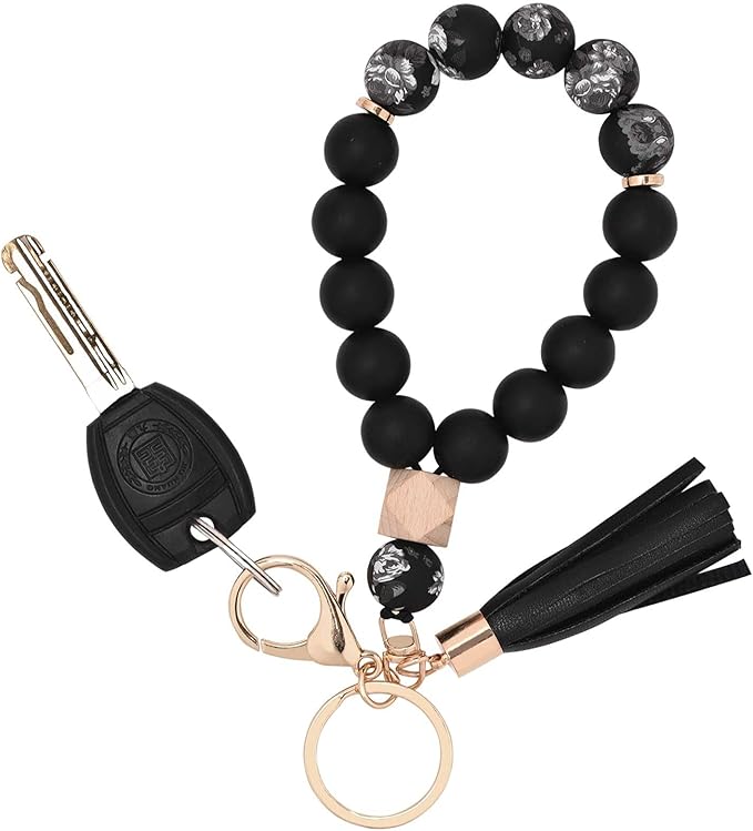 BAOSIWA Silicone Key Ring Bracelet Wristlet Keychain Unique Beaded Bangle Key Chains for Women with Leather Tassel