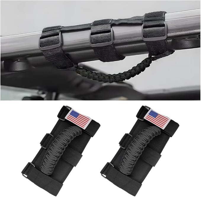 2PCS Car Roll Bar Grab Handles, Oxford Cloth American Flag ATV Paracord Grip Handle with Metal Buckle, Heavy Duty UTV Roll Cage Grab, Compatible with Wrangler JL, JT, JK (Black)