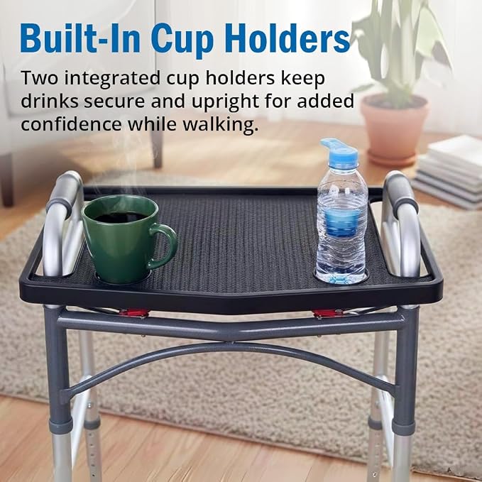 Support Plus Walker Tray Table - Non Slip Mobility Mat with Cup Holder (21"x16") - Black