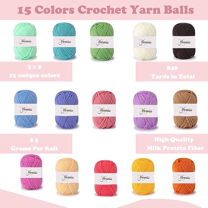 Yarniss Complete Crochet Kit for Beginner Adults, All in One Crochet Kit with 1120 Yards Yarn, 12 Ergonomic Crochet Hooks, Step by Step Video Tutorial, Pink