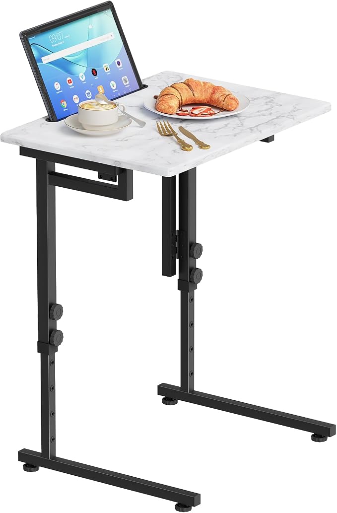 Adjustable Height Tv Tray Table,Portable Folding Tv Dinner Snack Table,Small Foldable C-Shaped End Table for Eating,Slide Under Couch Side with Sturdy MDF Top,No Assembly(White Marble+Black)