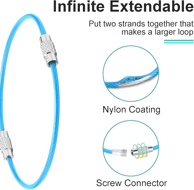 CooBigo 25 Pack Cable Key Ring 4 Inch Luggage Tag Loops Wire Key Chain Cable 2mm Key rings for Car Keys Wire Keychain Dog Tag Ring Light Blue