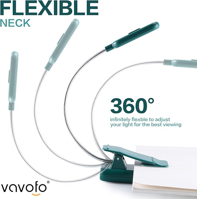 VAVOFO Rechargeable Book Light for Reading in Bed Kids, 7 LED Reading Light with 9-Level Warm Cool White Daylight, Eye Care Lamp with Power Indicator for Bookworms (Green)