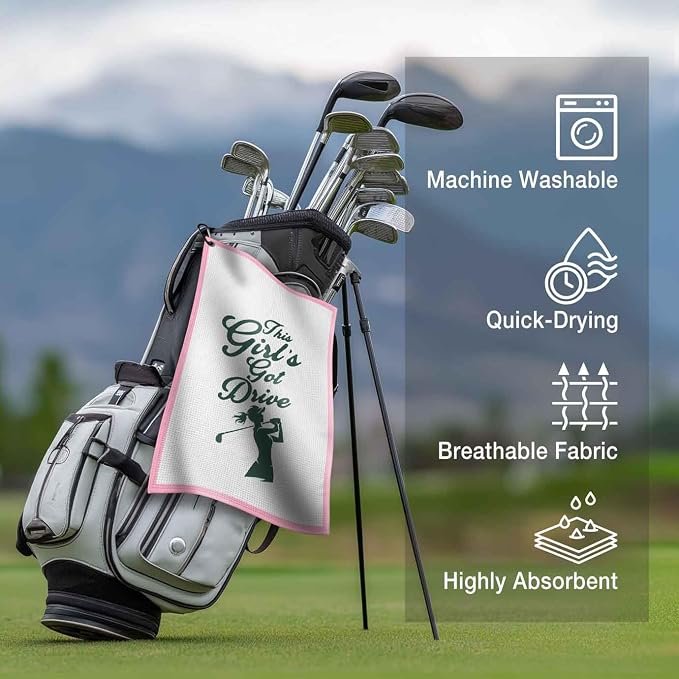 Girl's Golf Towel with Clip, Funny Golf Bag Accessories for Women,"This Girl's Got Drive"Golf Gifts for Mom Grandma Lady,16x24 Waffle Weave Microfiber Pink, Birthday Christmas Retirement Golfer Gifts