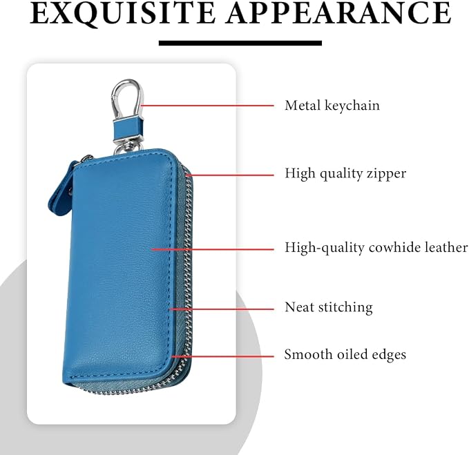 Leather Car Key Holder Bag, Unisex Key Fob Case with 6 Hooks, Zipper Closure Keychian Case Wallet for Smart Keys (Blue)
