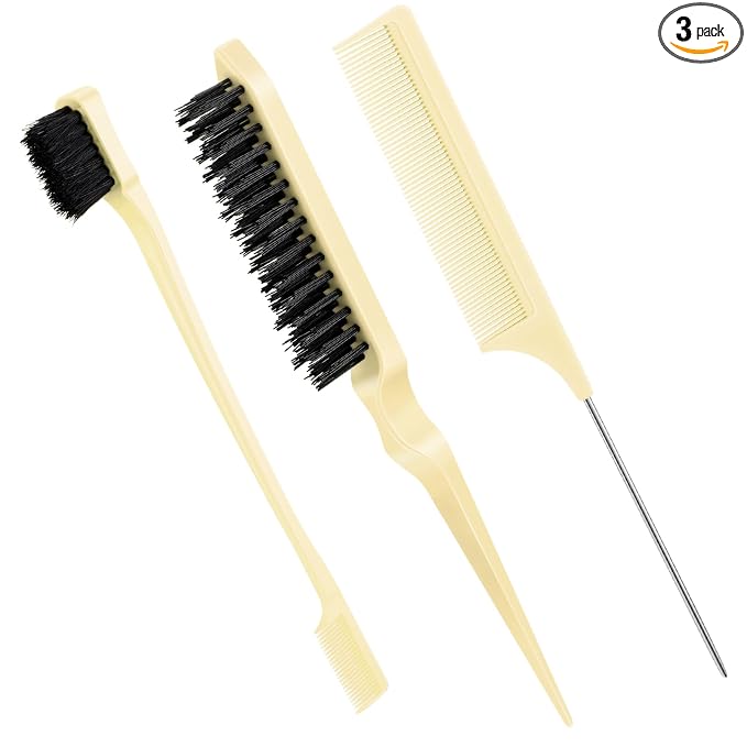 Geiserailie 3 Pcs Slick Back Hair Brush Set Bristle Brush Edge Control Teasing Comb for Women Black Hair(Beige)