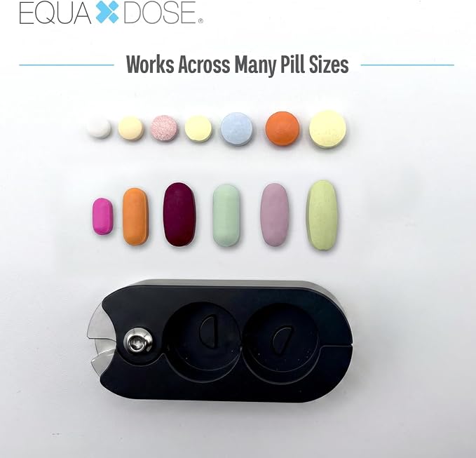 EQUADOSE Pill Splitter with Premium and Durable Aluminum Blades, Safely and Cleanly Cuts Small and Large Tablets, Vitamins, and Pills, Easy Tablet Divider for Accurate Medication Dosing, Black