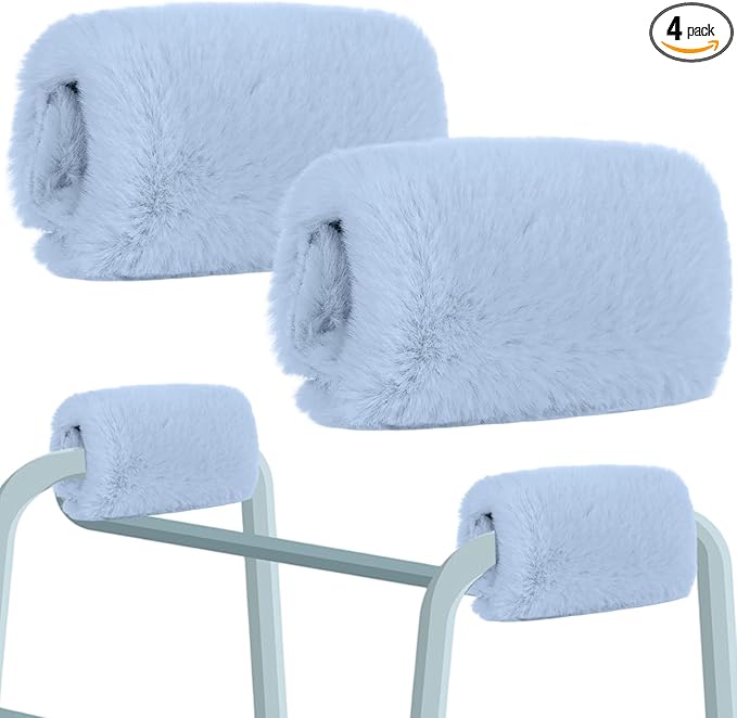 2 Pcs Walker Handle Cushions Fluffy Walker Hand Pads Universal Padded Rollator Hand Cover for Folding Rolling Wheelchair, Senior, Elderly Grippers, with 2 Extra Foam Pads(Blue)
