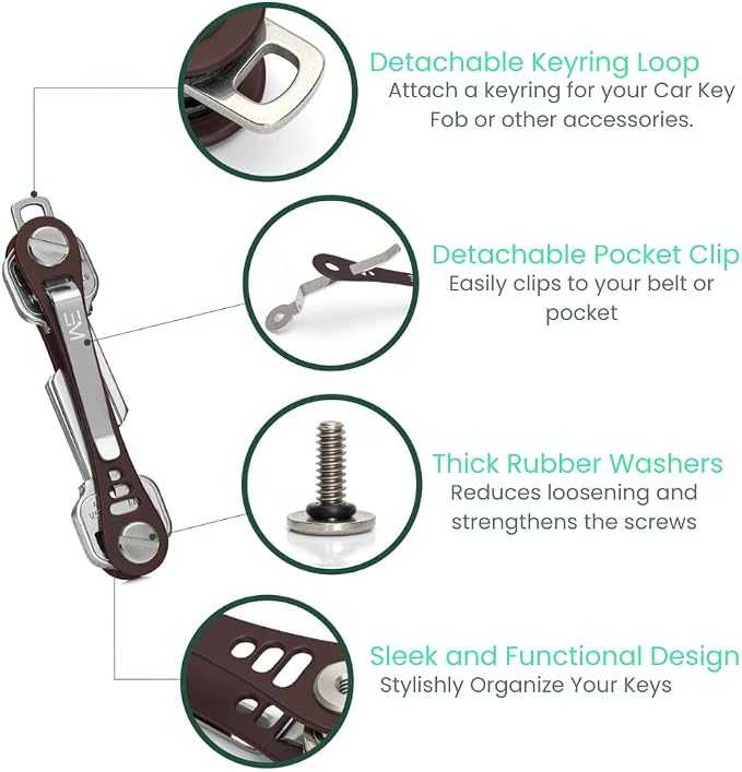 EM Compact Key Holder, Pocket Key Organizer, 14 Keys Key Bar | Fits 4.6 mm or larger keyholes only. Small hole keys like mailbox keys may not fit. Anti jingle, removable clip