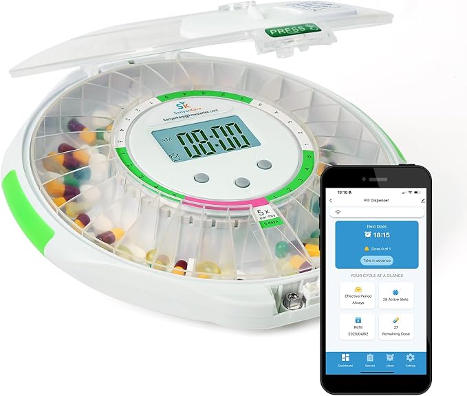 Bluetooth Automatic Pill Dispenser for Elderly with APP Alarm | Medication Track History, Sound/Light Alert, Up to 9 Daily Doses, 28 Day Locked Medication Organizer for Dementia & Caregiver