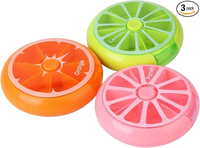 Portable Mini 7 Day Weekly Circular Shape Rotary Cute Fruit Style 3-Compartment Pill Organizer Box (Mixed Color)