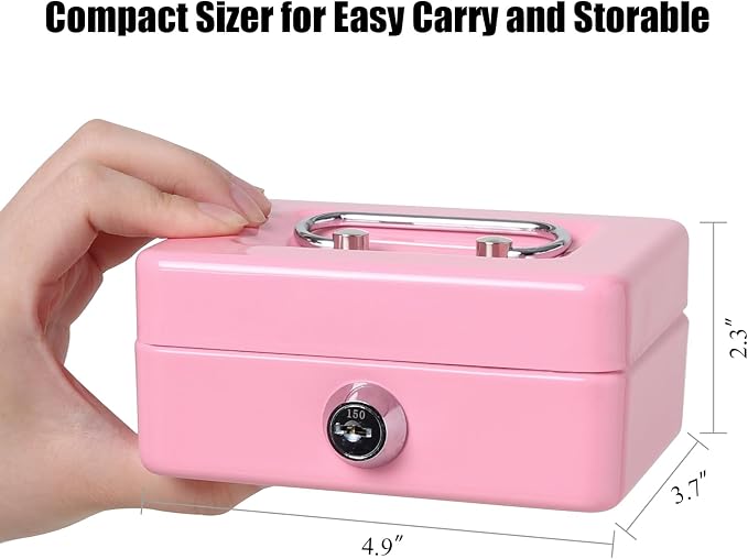 Jssmst Small Cash Box with Lock and Slot, Metal Coin Piggy Bank for Adults and Kids, Pink Locking Money Box