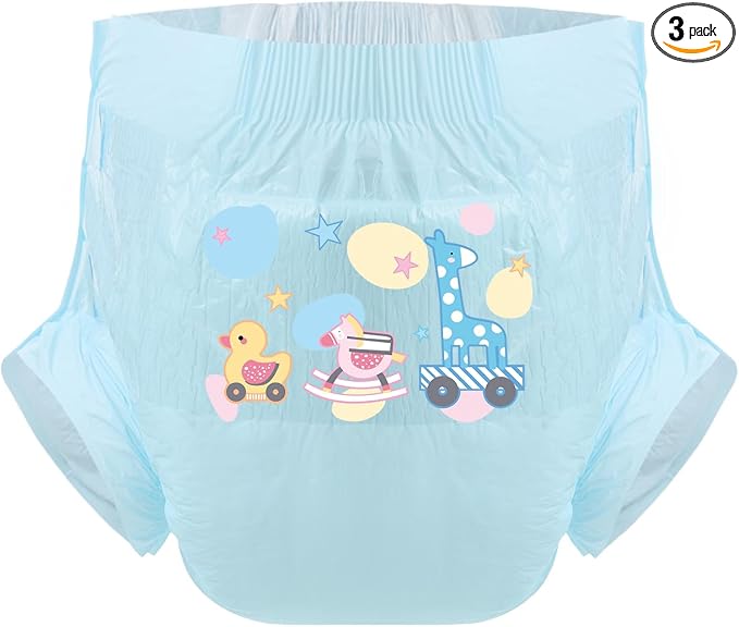 CutiePlusU Adult Diapers Sample 3 Pieces Adult Brief Diaper Incontinence Underwear Blue Cute Toddler (Medium 28"-38")