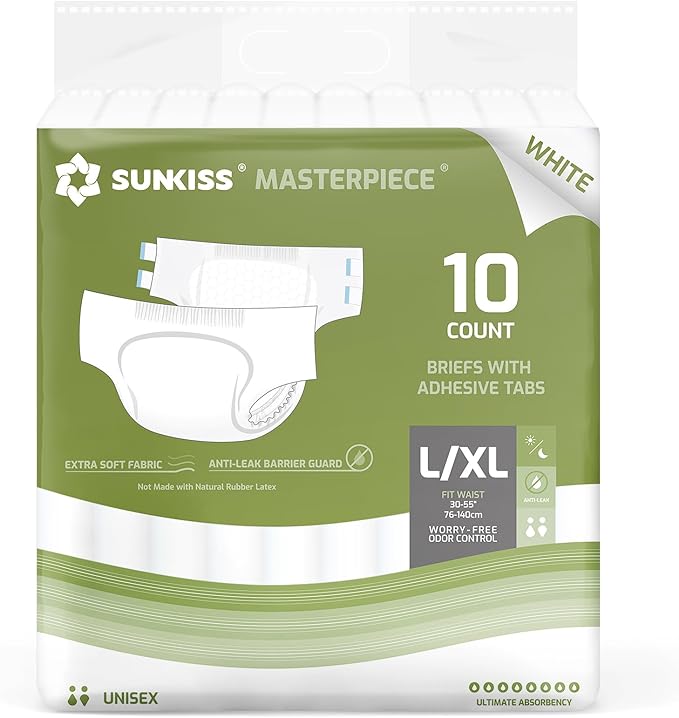 SUNKISS Masterpiece Adult Diapers with Tabs, Unisex Disposable Incontinence Briefs for Women and Men, Odor Control, White, Large/XLarge, Previously Large, 10 Count