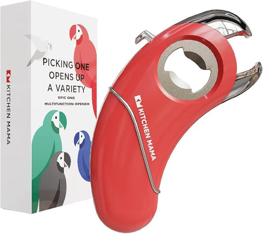 Kitchen Mama Epic One Multifunction Opener: Magnetic Bottle Opener, Beer Soda Opener, Effortless Jar Lid Opener for Seniors and Elderly with weak Hands and Arthritis, Essential Kitchen Gadget (Red)