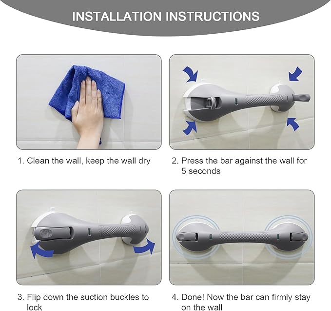 2Pack Suction Grab Bar for Shower Bathtub: Upgraded Heavy Duty Non-Slip Grip Handle with Strong Suction Cup for Bathroom Wall, Max Load 269LBS Safety Bar for Elderly Senior (2, Gray)