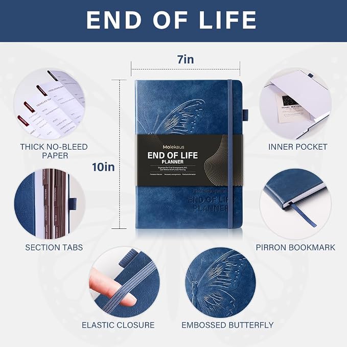 Molekaus End of Life Planner with Tabs, 7"x10" | Guided Estate Planning Organizer, Large Print, 120GSM Thick Paper, Inner Document Pockets for Final & Legal Affairs