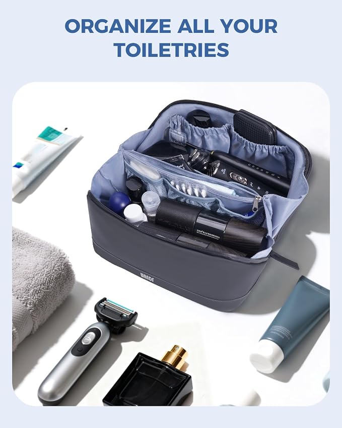 WANDF PU Leather Toiletry Bag for Men, Dopp Kit with Hanging Pouch | Water-Resistant Fabric, Travel Bag for Toiletries, Compact Storage, Shaving Accessories, Weekend Trips