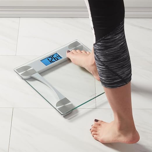 Taylor Digital Bathroom Scale with Glass Platform and Blue Backlit Display - Body Weight Scale, 440 lb Capacity, 2-User Weight Tracking, 12.2 in Platform, Clear