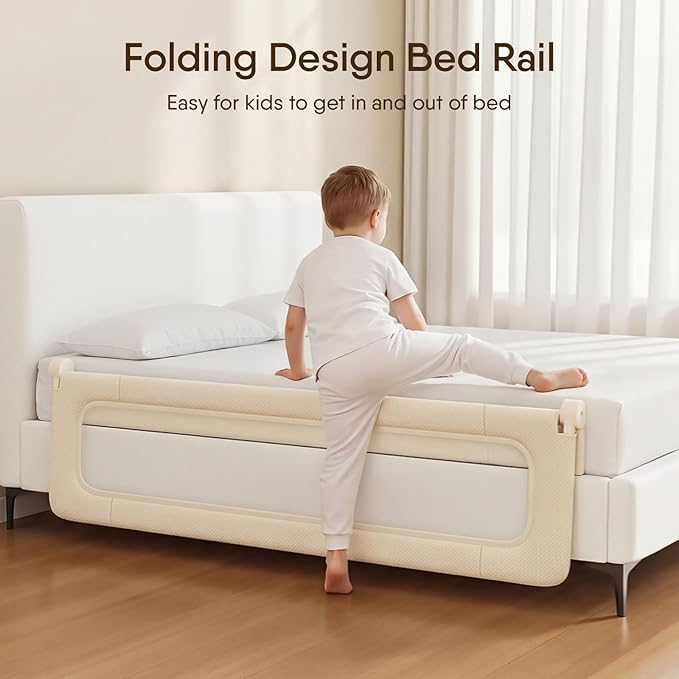 Bed Rail for Toddlers,71 Inch Foldable Baby Guard | 71 in foldable toddler rail with reinforced anchors, no-gap mattress fit, double lock, washable fabric for King|Queen