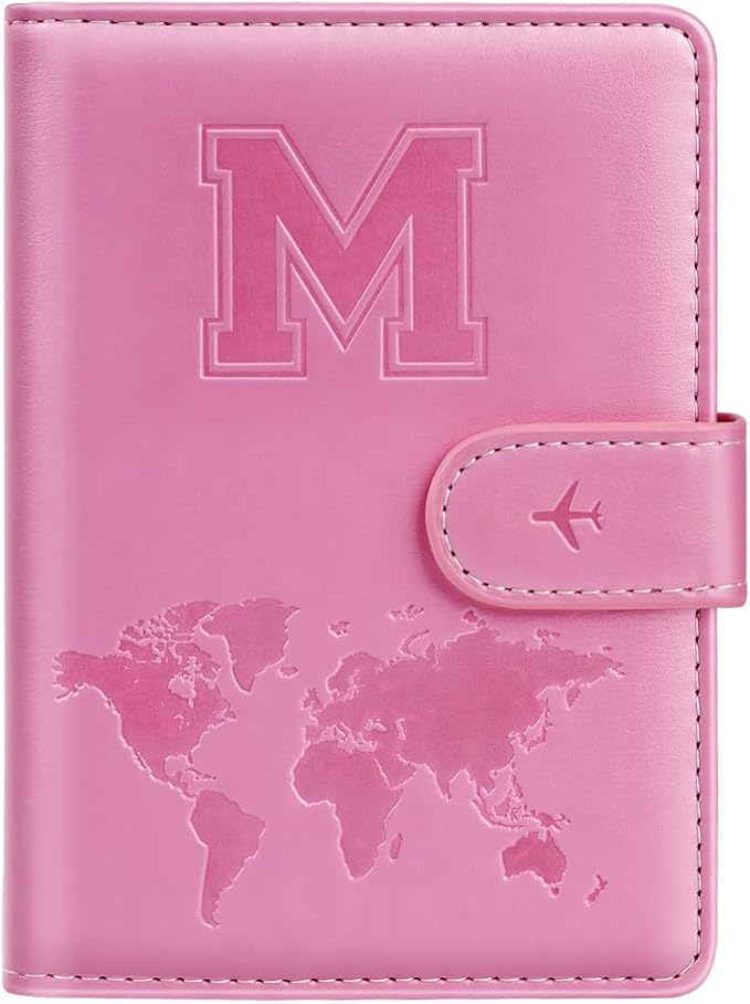 Passport Holder Cover Initial Letter A-Z Travel Wallet Personalized | Travel Essentials, Embossed Design, RFID Blocking, Personalized Gift, Passport Book Holders for Women Girls, Pink-M