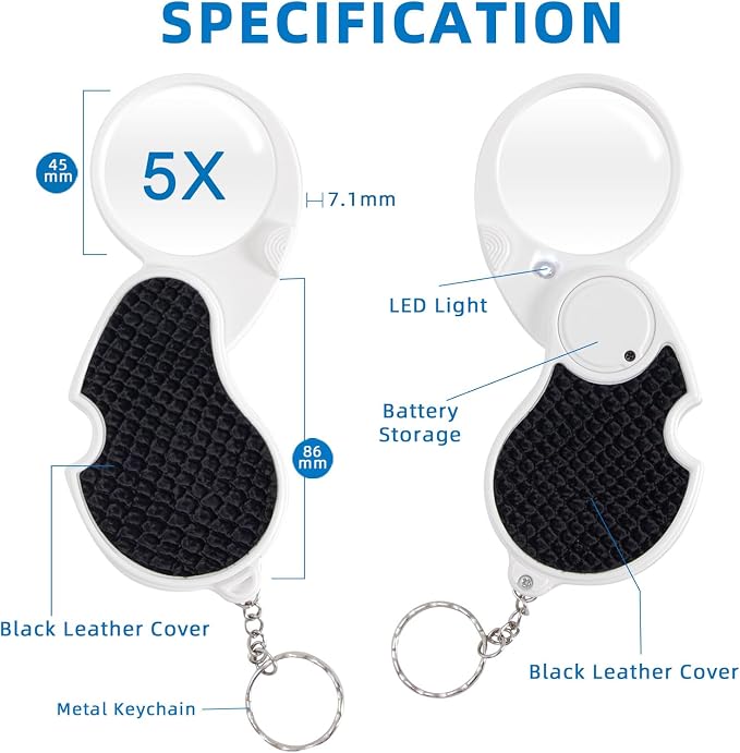 Magnifying Glass with Light, 5X Pocket Magnifier, Lightweight LED Illuminated Magnifying Glass for Reading, Macular Degeneration, Inspection, Jewellery, Coins, Hobbies & Crafts