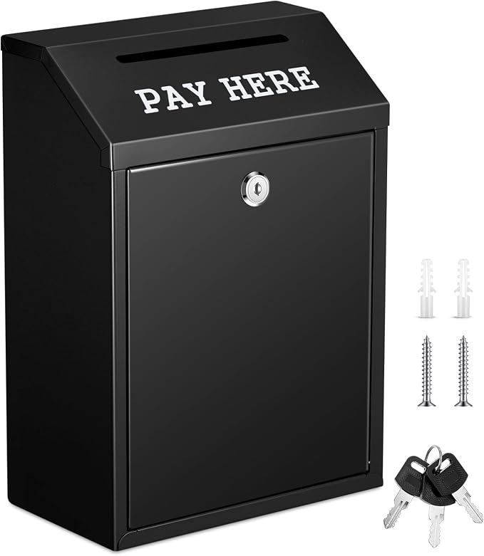 Yaocom Safe Metal Cash Box for Farm Stand – Money Drop and Secure Donation Collection, Wall Mount Lockable Unit with Pre Drilled Holes for Outdoor Self Serve(Black,11.8 x 8.6 x 4.7 Inch)