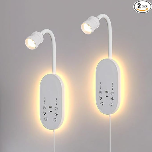 Books Lights for Reading Set of 2, Bedside Wall Mounted Reading Light with 3 Color Temperature & Timers, Touch Control Stepless Dimmable Wall Sconces, Flexible Gooseneck Bed Lights for headboard