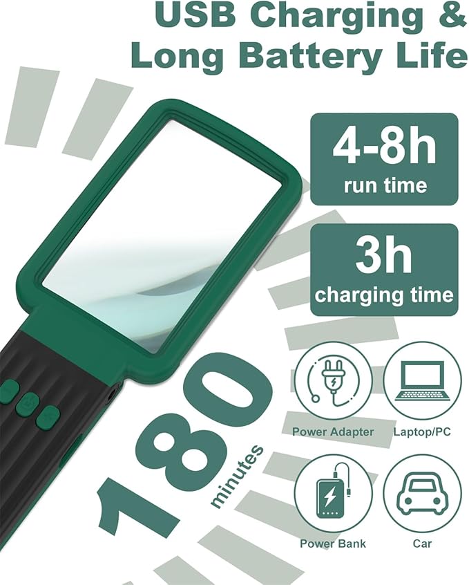 15X Magnifying Glass with Light and Stand, Rechargeable Folding Handheld Real Glass Magnifier, 3 Color Modes Dimmable Lighted Page Magnifying Sheet for Seniors Low Vision Small Prints - Green Black