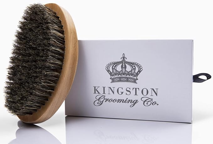 Kingston Grooming Co. Boar Bristle 360 Wave Brush for Men, Hair & Beard | Soft boar hair brush for beards, hair & 360 waves. Military palm style brush. Perfect for normal to thin hair with travel box