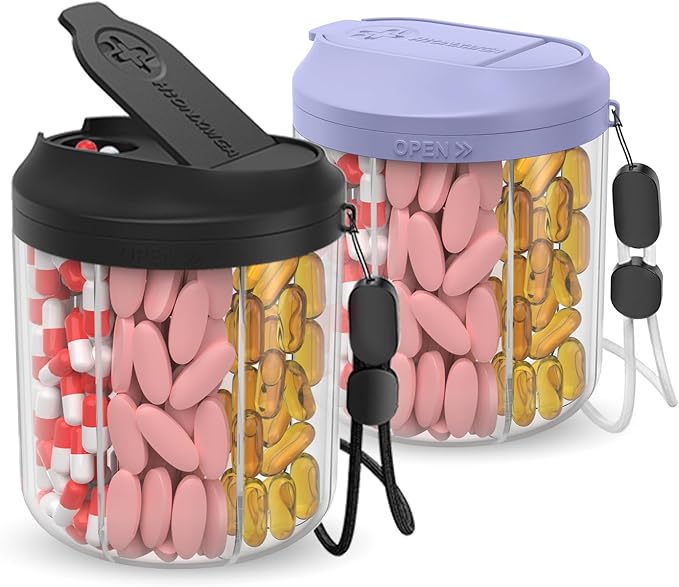 Pill Dispenser with 7 Large Compartments, Pill Organizer for Travel, Supplement Organizer with Anti-Mixing Design, BPA-Free Pill Container with 20 Pcs Labels, Purple+Black