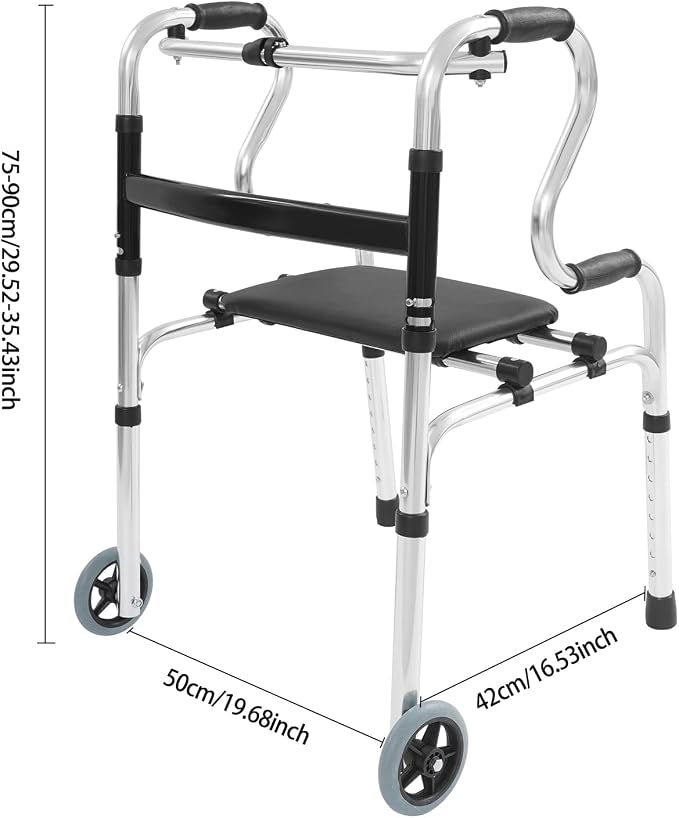 Folding Walker on Wheels with Removable Seat, 3-in-1 Stand-Assist Folding Walkers, Adjustable Height Walking Mobility Aid Toilet Handrail for Elderly Handicapped Disabled