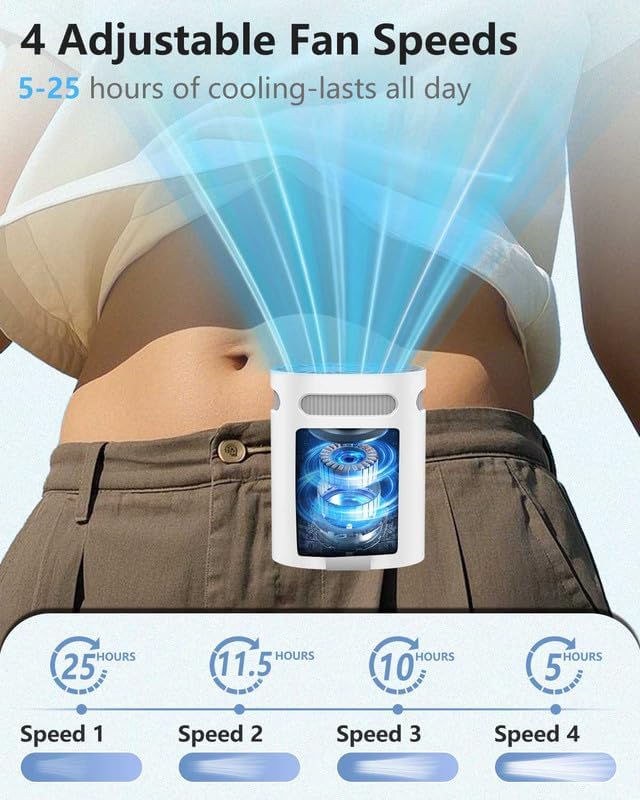 Portable Fan Attaches to Belt Shirt-Little Waist Fan Clip on Undershirt Pants Pocket Hip,Cordless Personal Fans that Blow Cold Air, Strap Hangs Neck Conditioner for Travel Camping Sports White