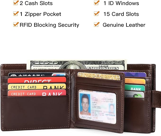 GOIACII Mens Wallet Large Capacity Genuine Leather RFID Blocking Bifold Wallets for Men with ID Window and 15 Card Slots