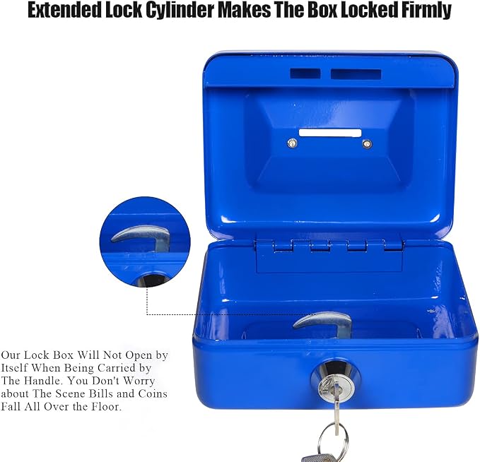 Jssmst Small Cash Box with Lock and Slot, Metal Coin Piggy Bank for Adults and Kids, Blue Locking Money Box