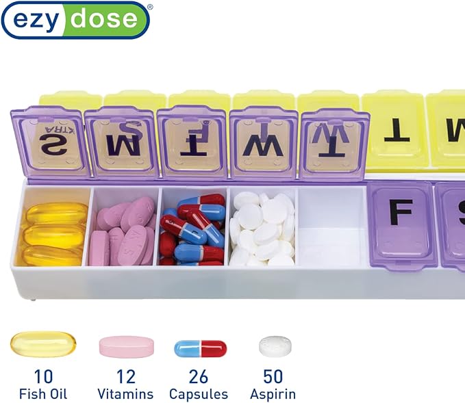 EZY DOSE Weekly (14-Day) Daily Pill Case, Medicine Planner, Vitamin Organizer, Supplement Container, 2 Detachable Weeks + Extra, Large Snap Compartments, Easy Open, Color May Vary, BPA Free