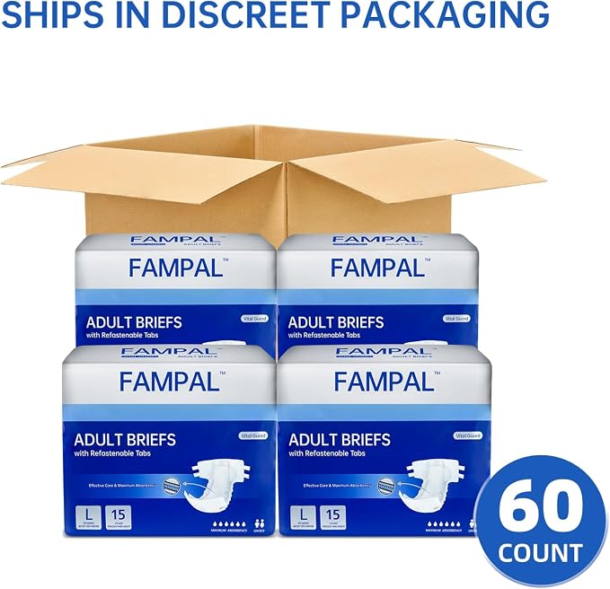 Vital Guard Adult Diapers, Disposable Incontinence Briefs with Tabs for Men and Women, Maximum Absorbency, Odor Control, Large, 60 Count (4 Packs of 15)