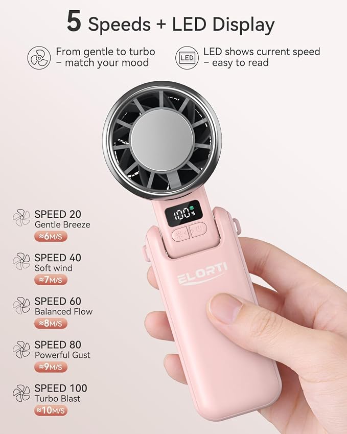 Portable Fan, Handheld Fan, Small Fan with Turbo & Ice Cooling, Hand Fan 5-Speed 4000mAh Rechargeable, 3-in-1 Foldable Personal Travel Fan, Lightweight for Beach Vacation, for Women Girl-Pink