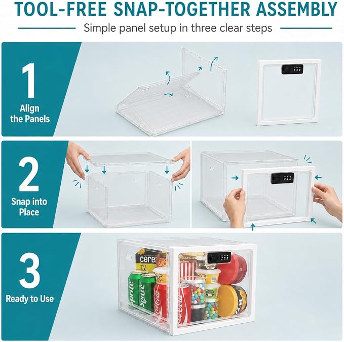 2 Pack Large Medication Lock Box with Code, Clear Lockable Storage Box for Refrigerator, Cabinet & Dorm, Stackable Medicine Box for Prescriptions, Snacks, Phone, 11.9" x 9.3" x 7.6", White