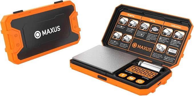 MAXUS Pocket Scale, 200g x 0.01g, with 50g Calibration Weight and USB Cable | Digital Gram Scale, 6 Units, Backlit LCD, Stainless Steel Platform, Rubber Edges, for Jewelry, Coins, Powders, Food or Gems
