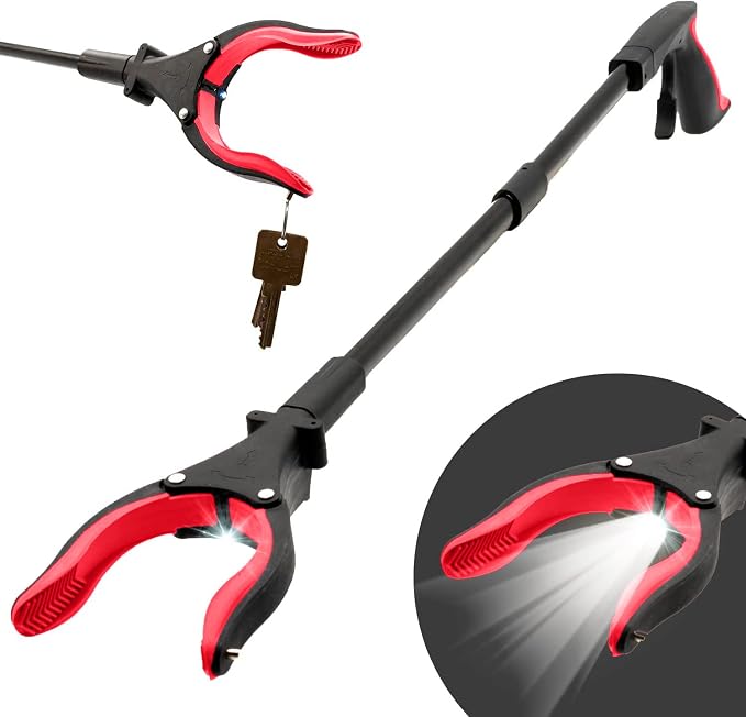 Grabber Reacher Tool 19" Aluminum Magnetic Claw with LED Light, Reacher Grabber Pickup Tool, Foldable Gripper Grabbers for Elderly Grab it Reaching Tool, Trash Grabbers Pickers, Red, By Luxet 2-Pack