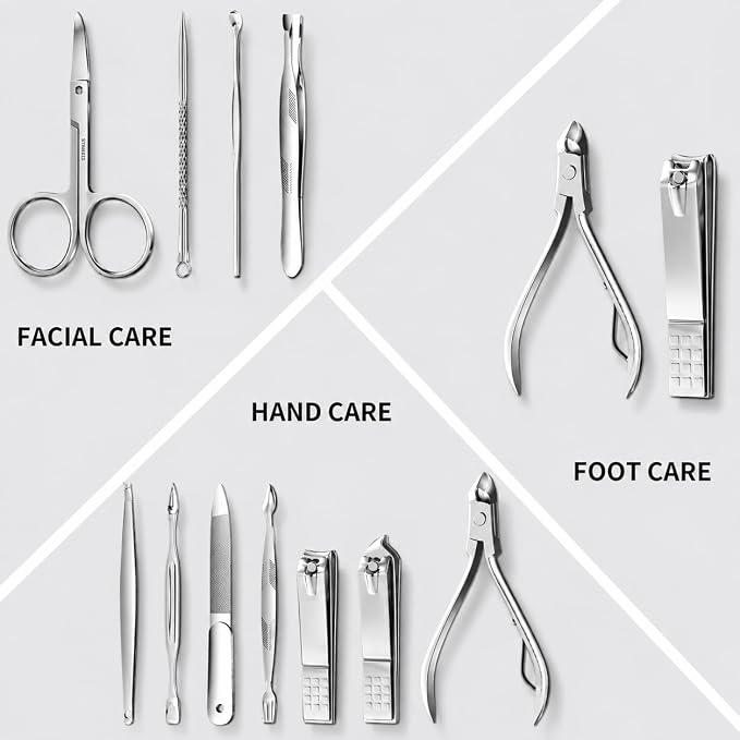 Manicure Set, Stainless Steel Nail Clipper Set with Luxurious Travel Case | 12-Piece Set with Thicker Steel, Precision-ground Cutting Edges, and Smooth-finished Tools for Clean, Precise Trimming.